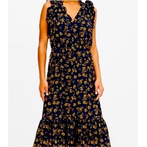 Banana Republic Floral Ruffle midi size 6 elastic waist summer dress navy gold